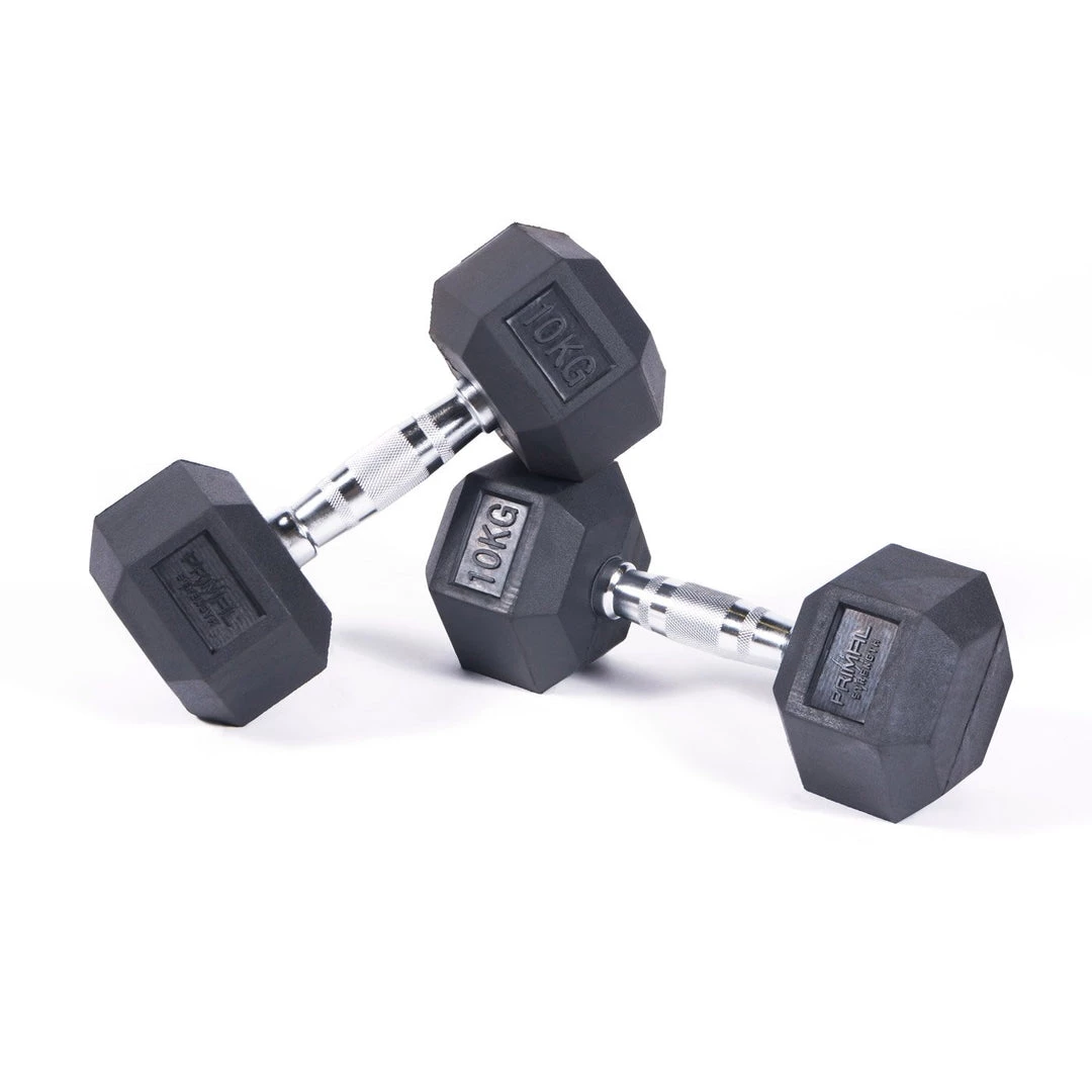 Primal Strength 1-10kg Commercial Rubber Hex Dumbbell Set (10 Pairs) 4 Primal Strength 1-10kg Commercial Rubber Hex Dumbbell Set (10 Pairs)